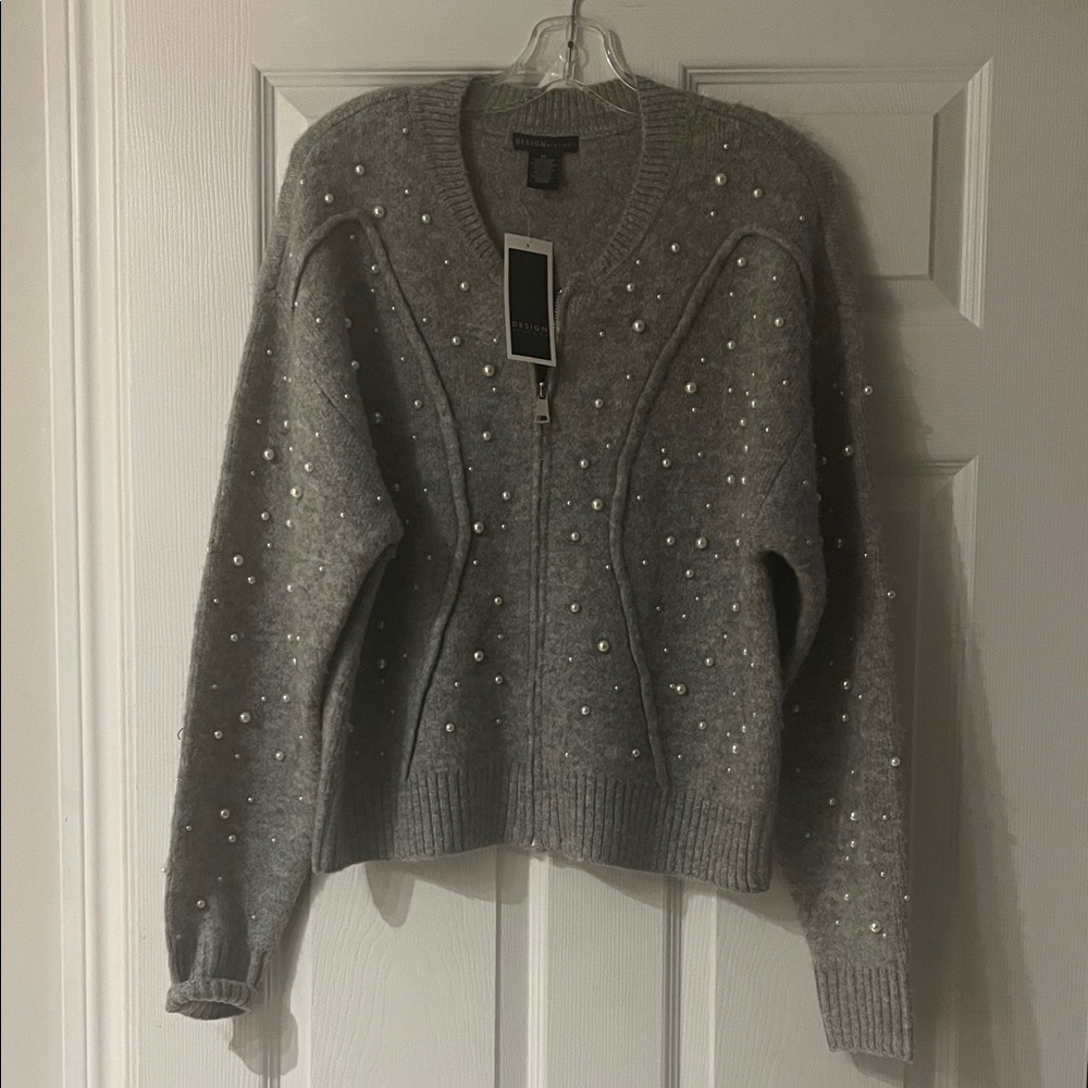 Design History Gray Pearl-Studded Cardigan